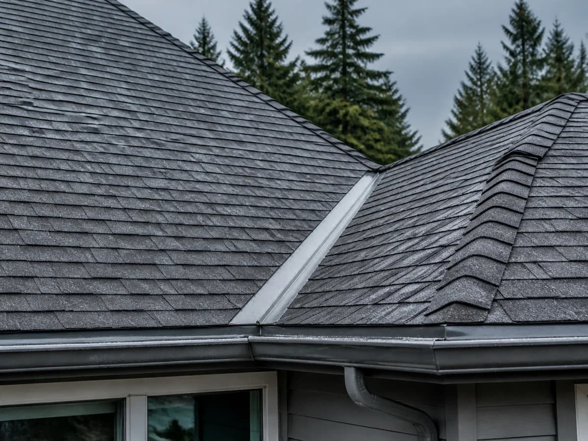 Wet roof shingles, valley, flashing, and gutter details