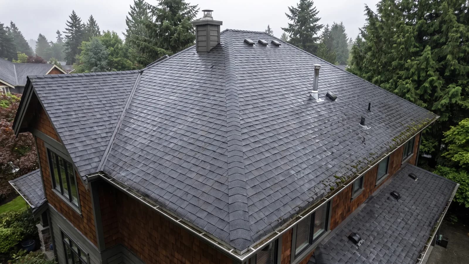 High-angle inspection view of an asphalt shingle roof in wet weather
