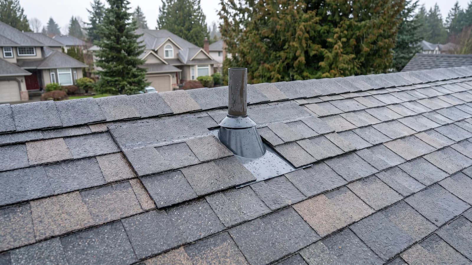 Repaired plumbing vent flashing on a rain-wet asphalt shingle roof
